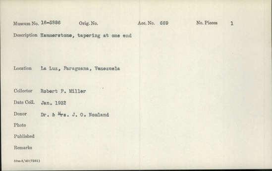 Documentation associated with Hearst Museum object titled Stone, accession number 16-3886, described as Hammerstone; tapering at one end