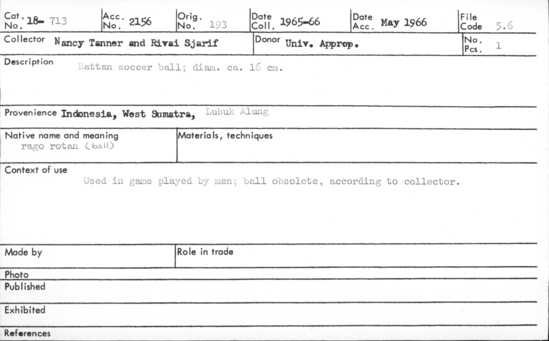 Documentation associated with Hearst Museum object titled Woven ball, accession number 18-713, described as Rattan soccer ball; Used in game played by men; ball obsolete, according to collector