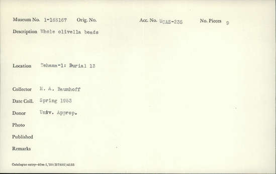 Documentation associated with Hearst Museum object titled Beads, accession number 1-165167, described as Whole olivella.