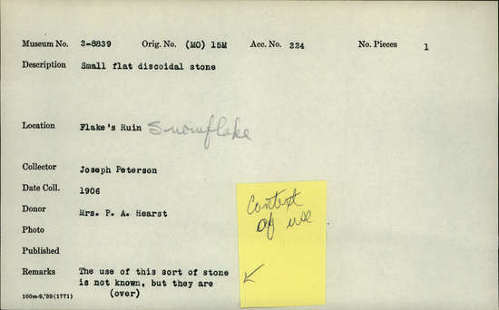 Documentation associated with Hearst Museum object titled Stone, accession number 2-8839, described as Small flat discoidal stone.