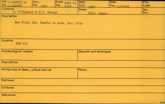 Documentation associated with Hearst Museum object titled Projectile point, accession number 1-192608, described as obsidian projectile point base, l. 3.4cm