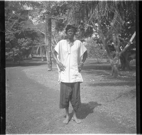 Hearst Museum object titled Black-and-white negative, accession number 15-30823, described as Black and white negative, 2.25" Nigeria, Meko, Man in plain clothes, 1951