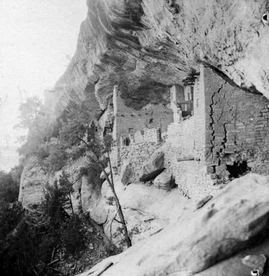 Hearst Museum object titled Black-and-white print, accession number 13-376k, described as One of a set of 17 mounted photos, 3¼ x 3¼ inches, of ruins and scenes of Cliff houses, Mesa Verde, Colorado.