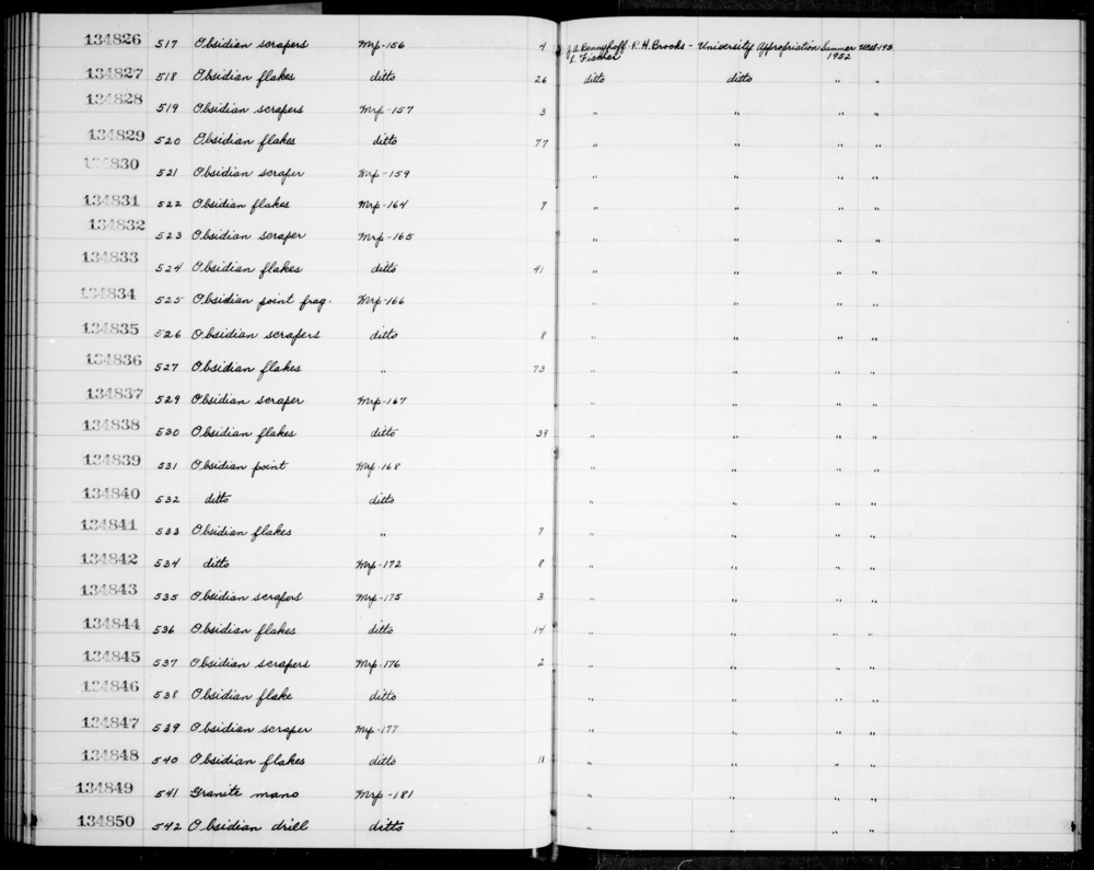 Documentation associated with Hearst Museum object titled Scrapers, accession number 1-134826, described as Obsidian scrapers.