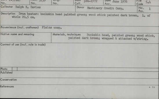 Documentation associated with Hearst Museum object titled Drumstick, accession number 2-59147, described as Buckskin head, painted green; wood stick painted dark brown.  Wrapped and attached with string.