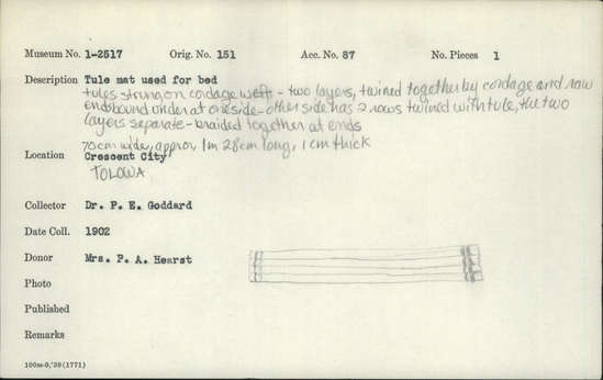 Documentation associated with Hearst Museum object titled Mat, accession number 1-2517, described as Tule. Strung on cordage weft. 2 layers twined together by cordage and raw ends bound under at one side, other side has 2 rows twined with tule. Layers separate, braided together at ends.