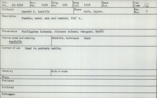 Documentation associated with Hearst Museum object titled Paddle, accession number 10-1541, described as Wooden paddle used in pottery making, 1 end hooked; 16½ inches long