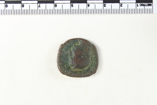 Hearst Museum object 8 of 8 titled Coin: æ sestertius, accession number 8-5888, described as Coin: Sestertius, Æ; Trebonianus Gallus - 14.36 grams. Rome, 251-253 AD. Obverse: [IMP CAES VIB] IVSTREBONIAN[VS GALLVS AVG] - bust facing right, draped, laureate. Reverse: [IVNONIMARTIALI] SC - Juno seated front in round distyle temple, peacock at her side.