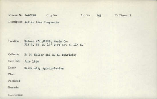 Documentation associated with Hearst Museum object titled Antler tine fragment, accession number 1-60248, described as Antler tine fragments.