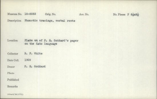 Documentation associated with Hearst Museum object titled Glass plate negative, accession number 15-5053, described as Phonetic tracings, verbal roots