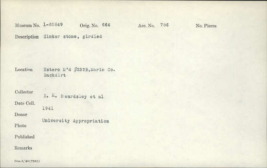 Documentation associated with Hearst Museum object titled Sinker (fishing), accession number 1-60849, described as Sinker stone, girdled.