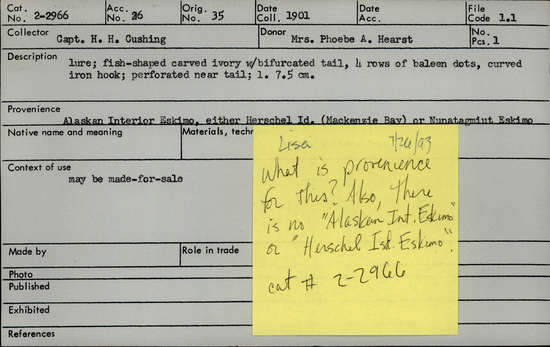 Documentation associated with Hearst Museum object titled Fishing lure, accession number 2-2966, described as Fish shaped carved ivory with bifurcated tail, 4 rows of baleen dots, curved iron hook, perforated near tail.