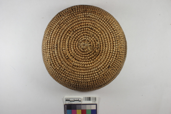 Hearst Museum object titled Basket, accession number 2-3074, described as Coiled basket bowl, possibly used in serving parched corn and nuts. Possible lid.