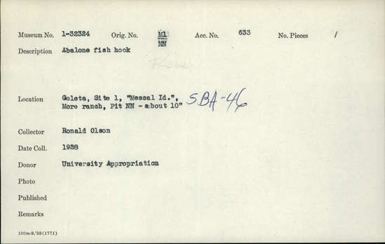 Documentation associated with Hearst Museum object titled Fishhook, accession number 1-32324, described as Abalone.