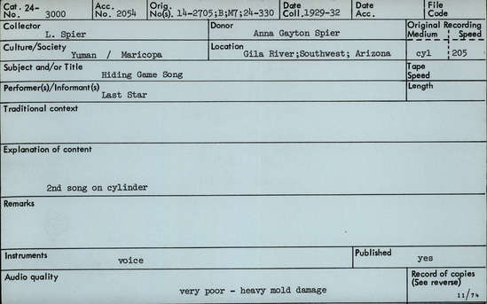 Documentation associated with Hearst Museum object titled Audio recording, accession number 24-3000, described as Hiding Game Song