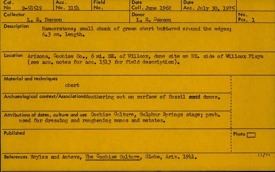 Documentation associated with Hearst Museum object titled Hammerstone, accession number 2-58519, described as hammerstone; small chunk of green chert battered around the edges; 6.3 cm. length