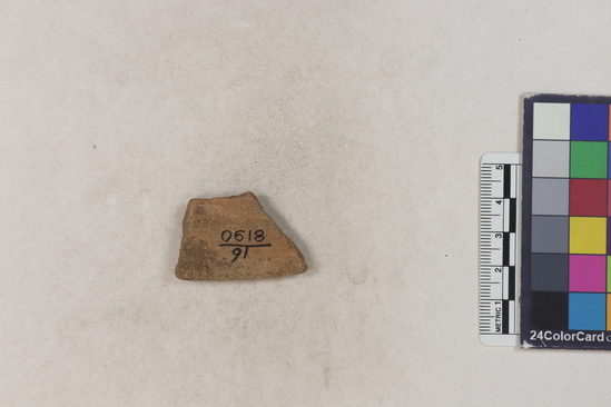 Hearst Museum object 2 of 2 titled Potsherd, accession number 16-8190, described as Potsherd: rim, brown slip Section of Manta on beach currently inhabited. Numbers  8111 to 8194 are sherds picked up on beach at low tide.