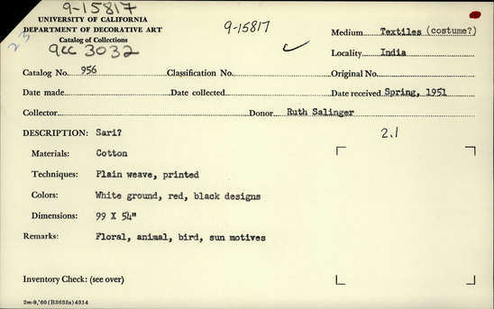 Documentation associated with Hearst Museum object titled Sari, accession number 9-15817, described as Sari?  Cotton.  Plain weave, printed.  White ground, red and black designs.  Floral, animal, bird, sun motives.  99 inches by 54 inches.