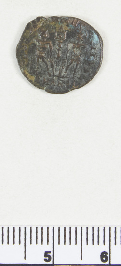 Hearst Museum object 6 of 6 titled Coin: æ 4, accession number 8-8485, described as Coin, AES Follis 4.     1.08 grams. 15mm. Obverse: Constantinus II right, diademed CONSTANTINUS AVG Reverse: Standard between 2 soldiers, GLORIA EXERCITUS Mint Data: Constantinus II Italia Rome