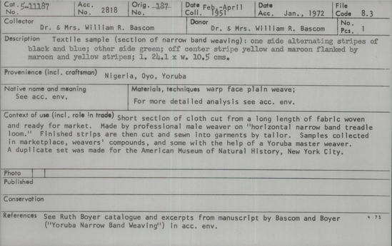 Documentation associated with Hearst Museum object titled Textile sample, accession number 5-11187, described as textile sample (section of narrow band weaving):  one side alternating stripes of black and blue;  other side green;  off center stripe yellow and maroon flanked by maroon and yellow stripes;  l. 24.1 x w. 10.5 cms.