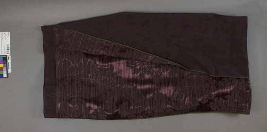 Hearst Museum object titled Textile sample, accession number 2-62496, described as Yardage; rayon-faced cotton, damask, purple and gray, Jacquard looms William D. McCann