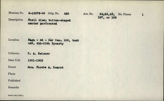 Documentation associated with Hearst Museum object titled Shell disk, accession number 6-13579, described as Shell disc, button shaped, center perforated