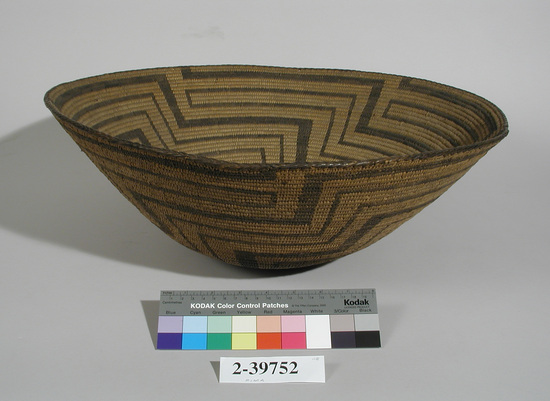 Hearst Museum object titled Basket, accession number 2-39752, described as Coiled. Of willow and "Devil's Claw"; classical meander pattern. Basin shaped, herringbone stitched rim.