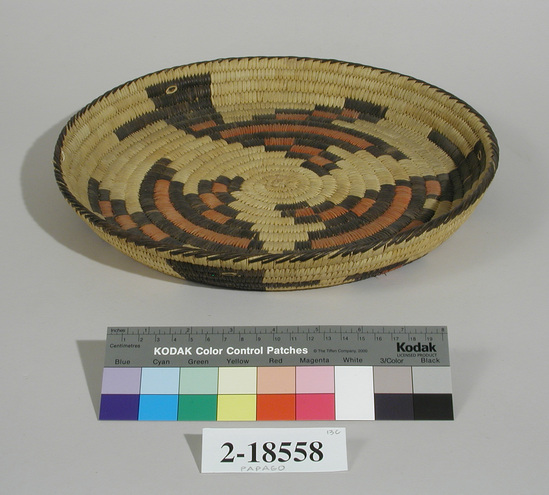 Hearst Museum object titled Tray, accession number 2-18558, described as Basketry tray," flaring sides, bird designs in red-black, bird design.