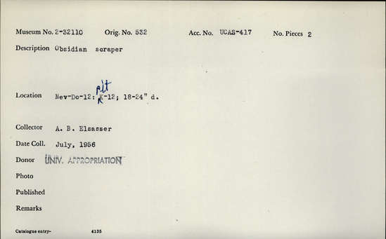 Documentation associated with Hearst Museum object titled Scraper, accession number 2-32110, described as Obsidian.