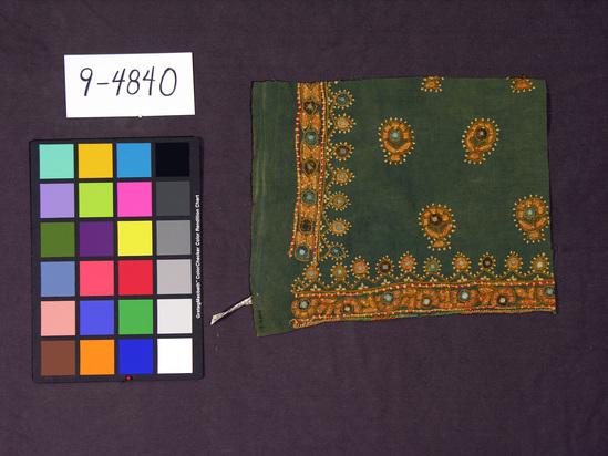 Hearst Museum object titled Textile, accession number 9-4840, described as sample of embroidery, green cotton foundation, embroidered in mirrors and colored silks.