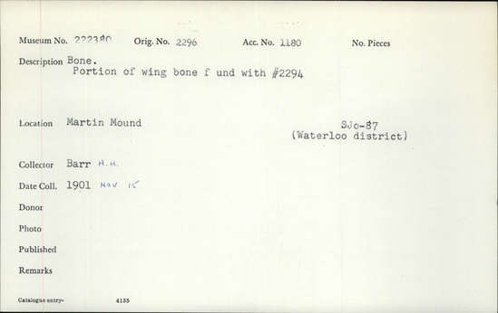 Documentation associated with Hearst Museum object titled Gorget, accession number 1-222379, described as Clam shell, one perforation in one end.