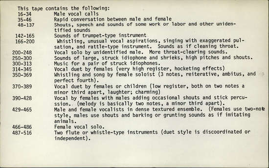 Documentation associated with Hearst Museum object titled Open reel audiotape, accession number 24-125, described as Tape. Jivaro / Jibaro music; Calls; Rapid male and female conversion; Greeting a stranger Bamboo trombone with variable pitch; Whistling and pulsating singing with shaker and macaw (?) imitation; Snare drum; Part-singing and woman; Man’s solo; Part-song, 2 or more men and women; Song with periodic drumming of hand sticks; part-song, men and women with animal imitations; female solo song; 2 flutes or whistles