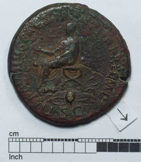 Hearst Museum object 2 of 8 titled Coin: ar, accession number 8-4732, described as Coin; AR; Roman. Claudius, 41-54 AD. Obverse: NERO CLAVDIVS DRVSVS GERMANICVS, bust r. laureate. Reverse: TI CLAVDIVS CAESAR TR P IMP, figure seated l.