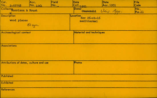 Documentation associated with Hearst Museum object titled Sticks, accession number 2-57758, described as Wood pieces, 51 gms.