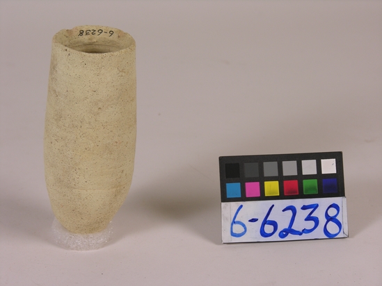 Hearst Museum object titled Beer cup, accession number 6-6238, described as Buff pottery cup with a deep, pointed bottom; least diameter 5cm, greatest diameter 6.5cm, height 15cm