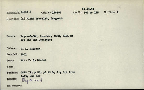 Documentation associated with Hearst Museum object titled Bracelet fragment, accession number 6-618, described as (A) Flint bracelet, fragment