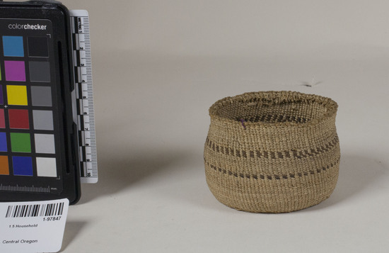 Hearst Museum object 2 of 2 titled Basket, accession number 1-97847, described as Twined small basket with brown bands.