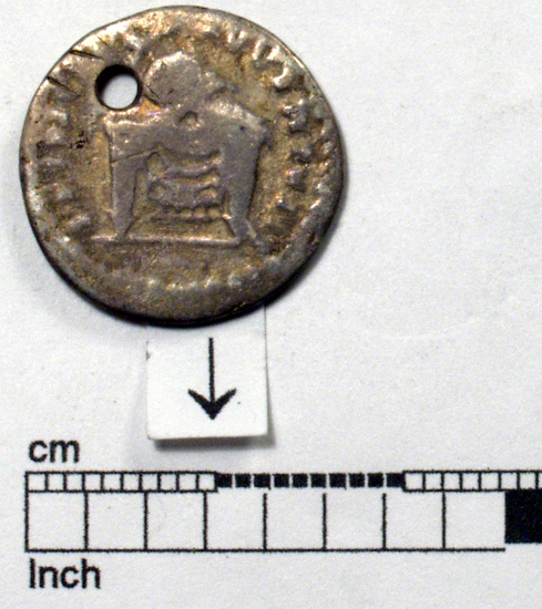 Hearst Museum object 3 of 8 titled Coin: æ denarius, accession number 8-5926, described as Coin: Denarius; (AR?) Æ; Titus - 2.64 grams. Rome, 80 AD. Obverse:  CAESAR DIVI F DOMITIANVS COS VII (line over VII) - Domitian head laureate, facing right. Reverse: PRINCEPS IVVENTVTIS - lighted altar.