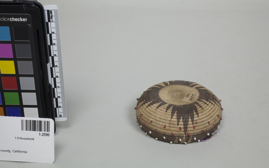 Hearst Museum object 2 of 3 titled Basket, accession number 1-2590, described as Unfinished basket; warp and weft are Willow (Salix). Brown pattern is Sedge root bark (Carex). One-stick.