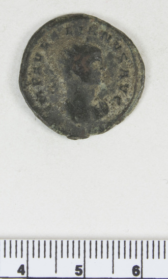 Hearst Museum object 5 of 8 titled Coin: æ, accession number 8-6385, described as Coin: Æ (AR?); Aurelian - 3.82 grms. Obverse: IMP AVRELIANVS AVG - Bust facing right radiate. Reverse: FORTVNA REDVX - Fortuna seated facing left holding rudder and cornucopiae.