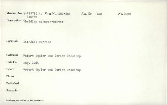 Documentation associated with Hearst Museum object titled Scraper graver, accession number 1-215785, described as Obsidian.