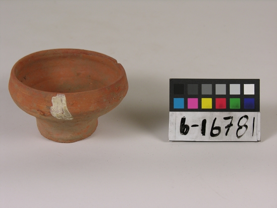 Hearst Museum object titled Bowl, accession number 6-16781, described as pottery: reddish bowl, incised lines, pedestal, diameter 10, height 5 cm