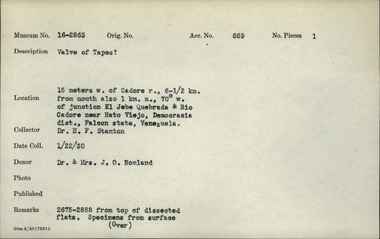 Documentation associated with Hearst Museum object titled Shell, accession number 16-2863, described as Valve of Tapes?