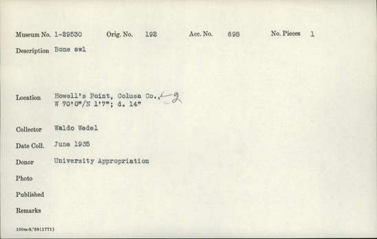 Documentation associated with Hearst Museum object titled Awl, accession number 1-29530, described as Bone.