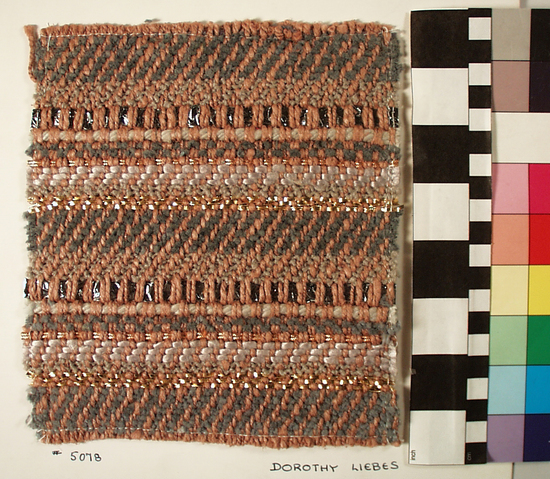 Hearst Museum object titled Textile sample, accession number 2-63279, described as Sample. Silk, cotton, synthetic, metal. twill. Brown, greys, gold, copper. Weft stripes. Handwoven 6"x7"  From Dorothy Liebes Collection