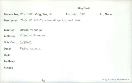 Documentation associated with Hearst Museum object titled Color slide, accession number 25-1870, described as “Art of Iran”; Open display; med shot