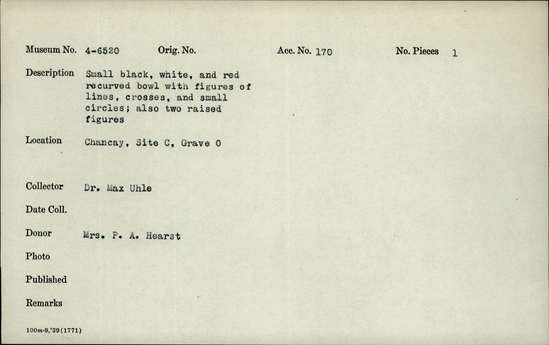 Documentation associated with Hearst Museum object titled Bowl: re, accession number 4-6520, no description available.