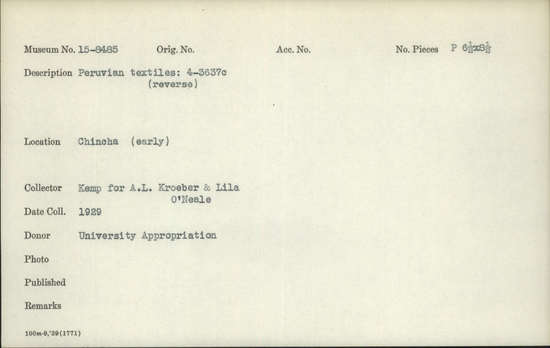 Documentation associated with Hearst Museum object titled Black-and-white negative, accession number 15-8485, described as Peruvian textiles: 4-3637c (reverse)