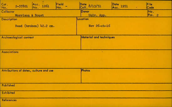 Documentation associated with Hearst Museum object titled Sticks, accession number 2-57801, described as Reed, (broken) 42.2 cm.