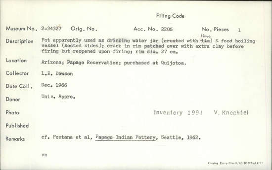 Documentation associated with Hearst Museum object titled Pot, accession number 2-34327, described as Pot apparently used as drinking water jar (Crusted with lime).  Sooted sides.  Crack in rim patched over with extra clay before firing but reopened upon firing. Diameter 27 cm